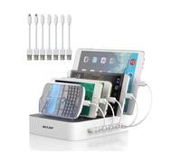 MSTJRY Multi Device Charging Station with 5 Port USB-A Charger for iPhone, Samsung Galaxy, Tablets (White, 5 Cables Included)