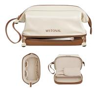 MSTONAL Double Layer Makeup Bag with Zipper, Beige & Brown, M