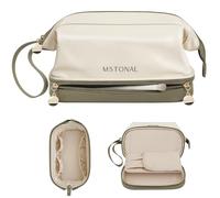 MSTONAL Double Layer Makeup Bag with Zipper, Beige & Olive Green, L