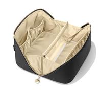 MSTONAL PU Leather Open Flat Makeup Bag with Divider and Handle, Black, M, Fashion