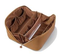 MSTONAL PU Leather Open Flat Makeup Bag with Divider and Handle, Brown, L, Fashion