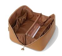 MSTONAL PU Leather Open Flat Makeup Bag with Divider and Handle, Brown, M, Fashion