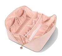 MSTONAL PU Leather Open Flat Makeup Bag with Divider and Handle, Pink, L, Fashion