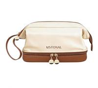 MSTONAL Travel Makeup Bag, Double-Layer Cosmetic Bag for Women, Waterproof PU Leather Make Up Organizer with Removable Brush Tray, Portable Toiletry Pouch for Daily Essentials, Beige & Caramel
