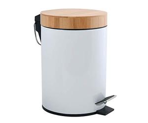 MSV Aza Cosmetic Bin 3 Litres Stainless Steel Bamboo with Soft-Close Mechanism and Inner Bucket White
