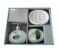 MSV Bathroom Accessories Ceramic 3-Piece Soap Dispenser, Soap Dish, Toothbrush Beaker Lingga White