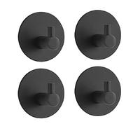 MSV Pack of 4 Self-Adhesive Towel Hooks, Max 8 kg Circle Bathrobe Hooks, Wall Hooks, Stainless Steel, Rustproof Bathroom and Kitchen Towel Holder, Clothes Hooks, No Drilling, Matt Black
