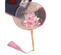 MSWgjYRQ 1PC Round Fan Embroidered Classical PalaceFan Chinese Hanfu Ancient Style Long Handle Tassel Cheongsam Crane Silk DanceFan Decorative Folding Fans(U)