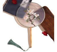 MSWgjYRQ 1PC Round Fan Embroidered Classical PalaceFan Chinese Hanfu Ancient Style Long Handle Tassel Cheongsam Crane Silk DanceFan Decorative Folding Fans(P)