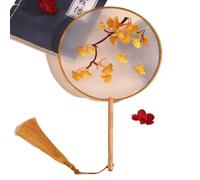 MSWgjYRQ 1PC Round Fan Embroidered Classical PalaceFan Chinese Hanfu Ancient Style Long Handle Tassel Cheongsam Crane Silk DanceFan Decorative Folding Fans(O)