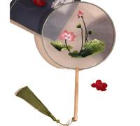 MSWgjYRQ 1PC Round Fan Embroidered Classical PalaceFan Chinese Hanfu Ancient Style Long Handle Tassel Cheongsam Crane Silk DanceFan Decorative Folding Fans(V)