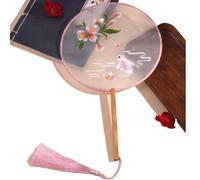 MSWgjYRQ 1PC Round Fan Embroidered Classical PalaceFan Chinese Hanfu Ancient Style Long Handle Tassel Cheongsam Crane Silk DanceFan Decorative Folding Fans(S)