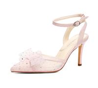 MSYIEVAD Women's Pointed Toe Mesh Stiletto Heels Sparkly Rhinestone Bow Ankle Strap Pumps Wedding Bridal Prom Evening Party Dress, Pink, 4 UK