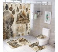 MSYKANIX Abstract Cabin Bear 4 Pcs Shower Curtain Sets,Vintage Rustic Forest Mountain Pine Trees Wildlife Bear Paw Print Bathroom Sets with Rugs,Toilet Lid Cover And Bath Mat