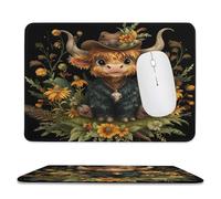 MSYKANIX Abstract Cartoon Highland Cow Non-Slip Mousepad,Rustic Colorful Western Farmhouse Cowboy Cow Floral Sunflowers with Most Types of Mouse,Stitched Edges for Decoration 20x24 cm