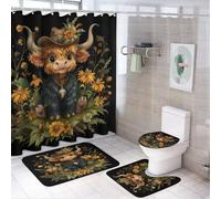 MSYKANIX Abstract Cartoon Highland Cow Shower Curtain Set,Rustic Colorful Western Farmhouse Cowboy Cow Floral Sunflowers Shower Decor Sets with Rugs Bathroom Accessories Set with 12 Hooks