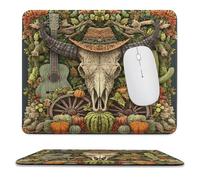 MSYKANIX Abstract Colorful Cow Skull Non-Slip Mousepad,Modern Rustic Cowboy Hat Wooden Wheel Guitar Cactus Pumpkins with Most Types of Mouse,Stitched Edges for Decoration 25x30 cm