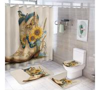 MSYKANIX Abstract Colorful Cowboy Boot Shower Curtain Set,Rustic Realistic American Western Sunflowers Butterfly Cowboy Boots Shower Decor Sets with Rugs Bathroom Accessories Set with 12 Hooks