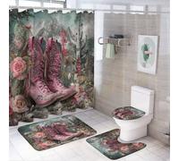 MSYKANIX Abstract Colorful Cowgirl Boots 4 Pcs Shower Curtain Sets,Realistic Rustic Mid Century Western Cowboy Cactus Floral Bathroom Sets with Rugs,Toilet Lid Cover And Bath Mat