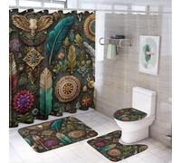 MSYKANIX Abstract Colorful Feather Shower Curtain Set,Beautiful Rustic Boho Decor Feather SKull Plant Floral Shower Decor Sets with Rugs Bathroom Accessories Set with 12 Hooks