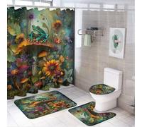 MSYKANIX Abstract Colorful Frog Shower Curtain Set,Fantasy Cute Forest Plant Floral Mushroom Animal Butterfly Shower Decor Sets with Rugs Bathroom Accessories Set with 12 Hooks