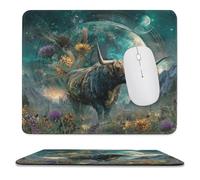 MSYKANIX Abstract Colorful Highland Yak Non-Slip Mousepad,Rustic Vintage Outer Space Galaxy Cow Floral Full Moon with Most Types of Mouse,Stitched Edges for Decoration 25x30 cm