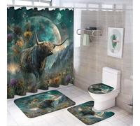 MSYKANIX Abstract Colorful Highland Yak Shower Curtain Set,Rustic Vintage Outer Space Galaxy Cow Floral Full Moon Shower Decor Sets with Rugs Bathroom Accessories Set with 12 Hooks