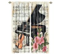 MSYKANIX Abstract Colorful Piano Rod Pocket Curtain for Bedroom,Modern Rustic Music Note Spring Nature Flowers Guitar Blackout Window Drapes 2 Panels,Each 53.5Wx160L cm