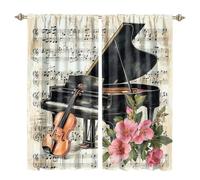 MSYKANIX Abstract Colorful Piano Rod Pocket Curtain for Bedroom,Modern Rustic Music Note Spring Nature Flowers Guitar Blackout Window Drapes 2 Panels,Each 107Wx214L cm