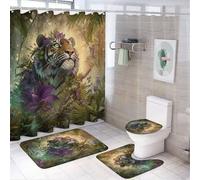 MSYKANIX Abstract Colorful Tiger 4 Pcs Shower Curtain Sets,Vintage Rustic Tropical Jungle Botanical Flower Animal Tiger Bathroom Sets with Rugs,Toilet Lid Cover And Bath Mat
