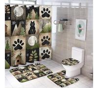 MSYKANIX Abstract Colorful Wolf 4 Pcs Shower Curtain Sets,Cabin Cartoon Forest Mountain Pine Trees Full Moon Wolf Paw Print Bathroom Sets with Rugs,Toilet Lid Cover And Bath Mat