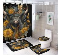 MSYKANIX Abstract Cute Highland Cow Shower Curtain Set,Rustic Colorful Western Farmhouse Cowboy Cow Floral Sunflowers Shower Decor Sets with Rugs Bathroom Accessories Set with 12 Hooks