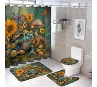 MSYKANIX Abstract Fantasy Frog Shower Curtain Set,Colorful Cute Forest Plant Floral Daisies Mushroom Animal Butterfly Shower Decor Sets with Rugs Bathroom Accessories Set with 12 Hooks