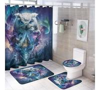 MSYKANIX Abstract Fantasy Owl Shower Curtain Set,Cute Colorful Fairy Tale Magic Forest Pine Trees Aurora Borealis Shower Decor Sets with Rugs Bathroom Accessories Set with 12 Hooks