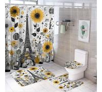 MSYKANIX Abstract Modern Eiffel Tower 4 Pcs Shower Curtain Sets,Vintage Colorful Paris City Floral Sunflowers Music Theme Notes Bathroom Sets with Rugs,Toilet Lid Cover And Bath Mat