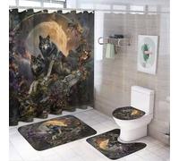 MSYKANIX Abstract Realistic Wolf 4 Pcs Shower Curtain Sets,Rustic Colorful Mountain Plant Flower Rose Animal Wolves Full Moon Bathroom Sets with Rugs,Toilet Lid Cover And Bath Mat