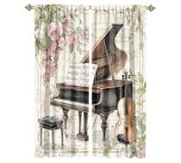 MSYKANIX Abstract Retro Piano Blackout Curtains,Rustic Colorful Modern Guitar Mid Century Spring Flowers Guitar Rod Pocket Window Drapes for Living Room 2 Panels,Each 53.5Wx160L cm