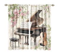 MSYKANIX Abstract Retro Piano Blackout Curtains,Rustic Colorful Modern Guitar Mid Century Spring Flowers Guitar Rod Pocket Window Drapes for Living Room 2 Panels,Each 107Wx214L cm