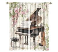 MSYKANIX Abstract Retro Piano Rod Pocket Curtain for Bedroom,Rustic Colorful Modern Guitar Mid Century Spring Flowers Guitar Blackout Window Drapes 2 Panels,Each 53.5Wx137L cm