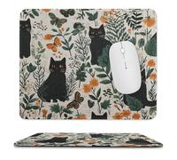 MSYKANIX Abstract Rustic Black Cat Non-Slip Mousepad,Modern Vintage Spring Forest Plant Wildflower Beautiful Butterfly with Most Types of Mouse,Stitched Edges for Decoration 25x30 cm
