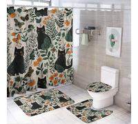 MSYKANIX Abstract Rustic Black Cat Shower Curtain Set,Modern Vintage Spring Forest Plant Wildflower Beautiful Butterfly Shower Decor Sets with Rugs Bathroom Accessories Set with 12 Hooks
