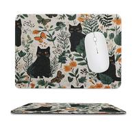 MSYKANIX Abstract Rustic Black Cat Soft Stitched Edge Mouse Pad,Modern Vintage Spring Forest Plant Wildflower Beautiful Butterfly Non-Slip Mousepad for Office,Home 20x24 cm