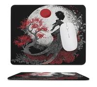MSYKANIX Abstract Rustic Japan Geisha Non-Slip Mousepad,Vintage Colorful Japanese Floral Cherry Blossom Red Sun Full Moon with Most Types of Mouse,Stitched Edges for Decoration