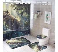 MSYKANIX Abstract Rustic Jungle Wildlife Dinosaur 4 Pcs Shower Curtain Sets,Watercolor Tropical Forest Wild Animals Dinosaur Bathroom Sets with Rugs,Toilet Lid Cover And Bath Mat