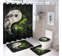MSYKANIX Abstract Rustic Yin Yang 4 Pcs Shower Curtain Sets,Vintage Chinese Ink Misty Forest Full Moon Floral Trees Bathroom Sets with Rugs,Toilet Lid Cover And Bath Mat