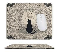 MSYKANIX Abstract Vintage Black Cat Soft Stitched Edge Mouse Pad,Rustic Mid Century Gothic Moon Boho Indian Mandala Floral Plant Leaves Non-Slip Mousepad for Office,Home 25x30 cm