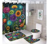 MSYKANIX Abstract Vintage Floral 4 Pcs Shower Curtain Sets,Beautiful Colorful Spring Garden Plant Boho Flower Sunflowers Rose Bathroom Sets with Rugs,Toilet Lid Cover And Bath Mat
