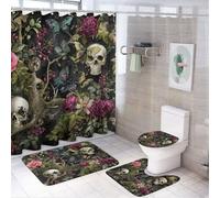 MSYKANIX Abstract Vintage Skull 4 Pcs Shower Curtain Sets,Gothic Colorful Skeleton Plant Leaves Flower Rose Animal Butterflies Bathroom Sets with Rugs,Toilet Lid Cover And Bath Mat