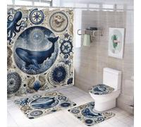MSYKANIX Abstract Vintage Whale 4 Pcs Shower Curtain Sets,Rustic Colorful Ocean Animal Octopus Shells Nautical Compass Bathroom Sets with Rugs,Toilet Lid Cover And Bath Mat