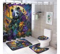 MSYKANIX Abstract Watercolor Panda 4 Pcs Shower Curtain Sets,Modern Cute Animal Butterfly Forest Night Flower Full Moon Bathroom Sets with Rugs,Toilet Lid Cover And Bath Mat